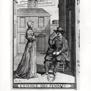 Couverture de la première édition de "L'école des femmes" de Molière. Gravure de François Chauveau, en 1663. [Leemage via AFP - Bibliothèque Nationale, Paris, France]