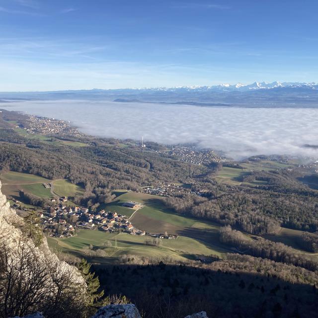 Vue sur le brouillard recouvrant le lac de Neuchâtel depuis le Rocher de Tablettes. [RTS - Cécile Rais]