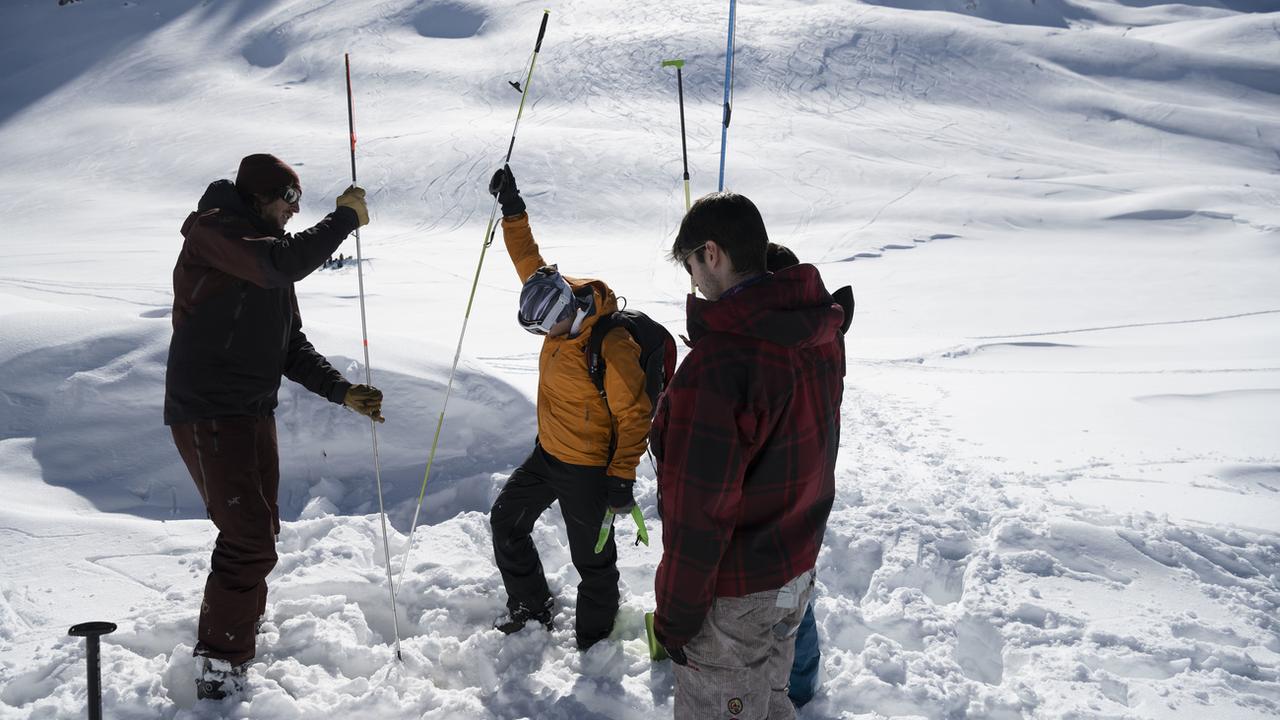 Entraînement à la recherche de victimes d'avalanche dans la région de Davos (GR) en février 2021. [Keystone - Christian Beutler]