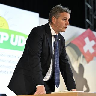 Le président de l'UDC Marco Chiesa, le 9 avril à l'assemblée des délégués de son parti à Coire (GR [Keystone - Gian Ehrenzeller]