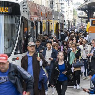 Journée de grève du personnel des Transports publics genevois (TPG), ce mercredi 12 octobre 2022 a Genève. [Keystone - Martial Trezzini]