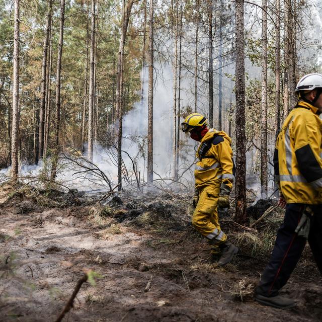 Des pompiers surveillent un incendie contrôlé près de Belin-Beliet, dans le sud-ouest de la France. [AFP - Thibaud Moritz]