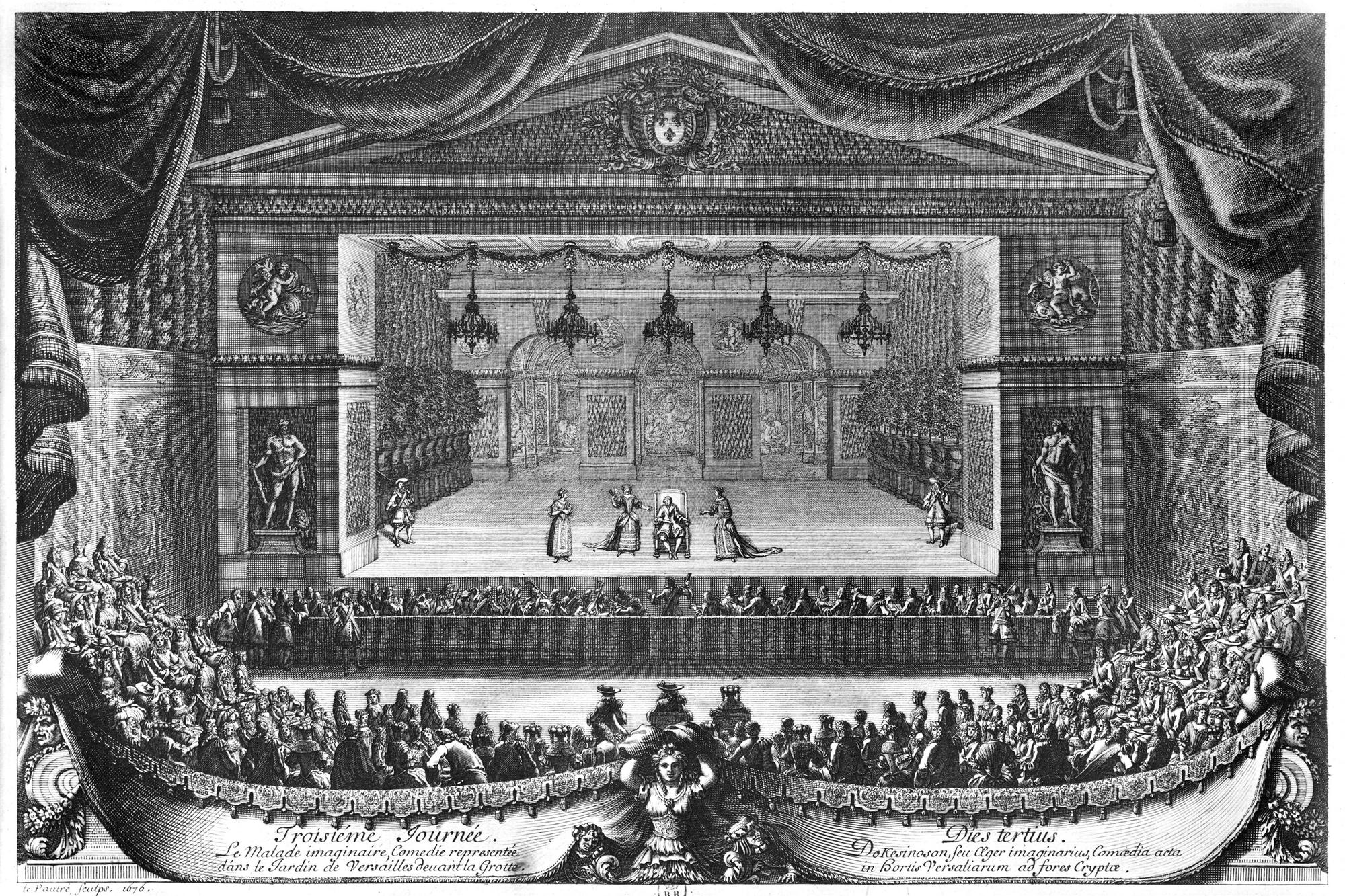 Représentation du "Malade Imaginaire" de Molière dans les jardins de Versailles en 1676. Gravure de Pierre Lepautre. [Leemage via AFP]