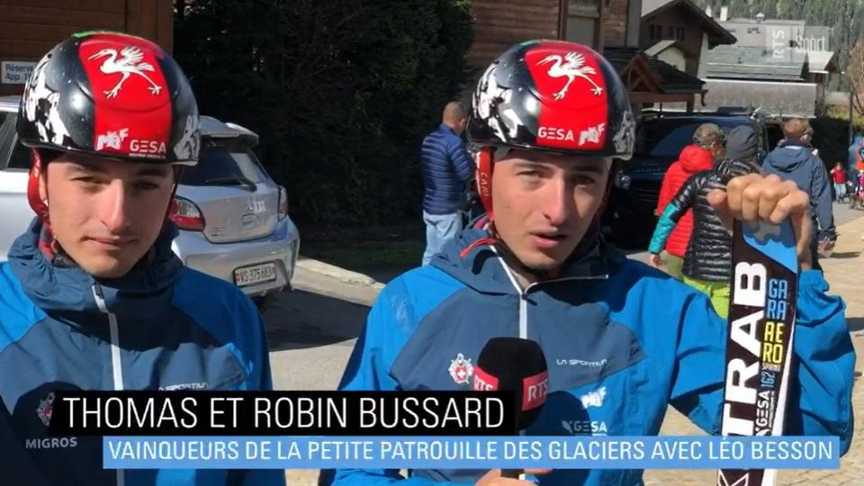 Thomas et Robin Bussard, vainqueurs de la petite Patrouille des Glaciers 2022 avec Léo Besson. [RTS]