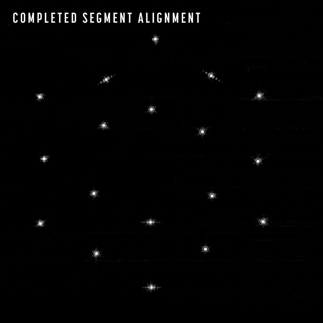 Ce réseau d'images hexagonales capturées par l'instrument NIRCam montre les progrès réalisés au cours de la phase d'alignement des segments. [NASA/STScI - JWST]