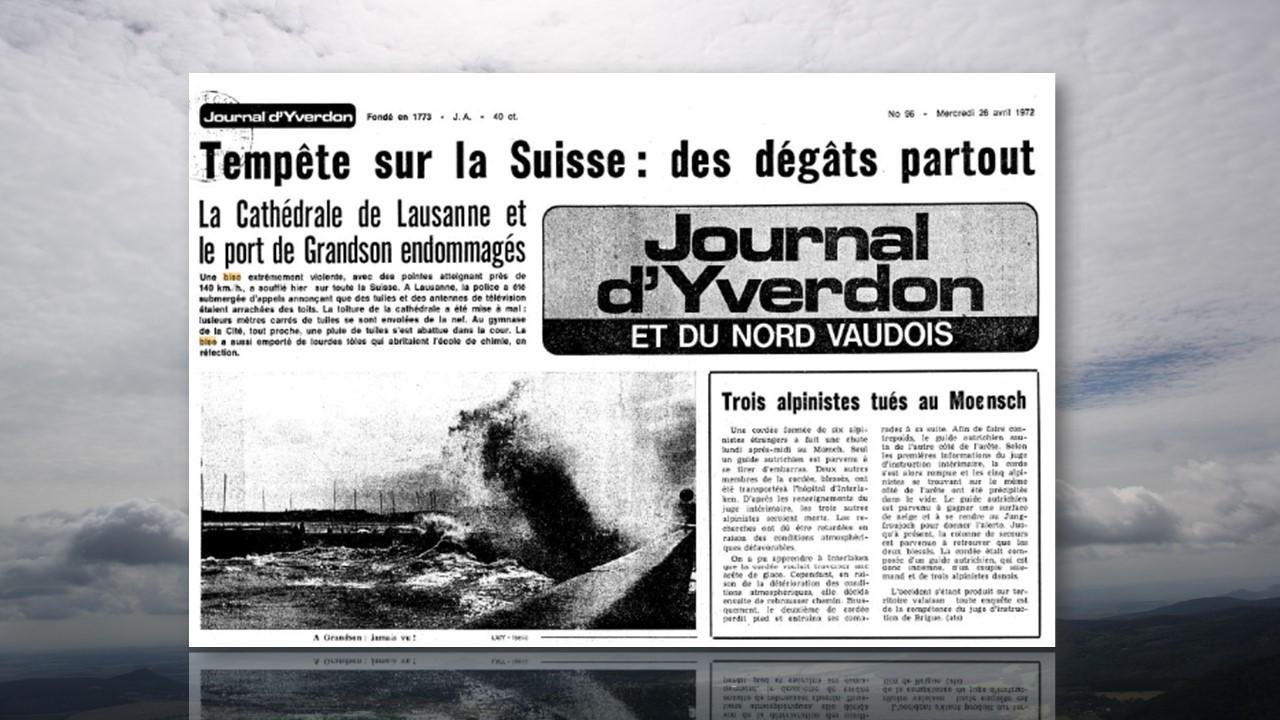Première page du Journal d'Yverdon et du Nord vaudois le 26 avril 1972 [Wikipedia - Tamedia - Juan De Vojnikov]