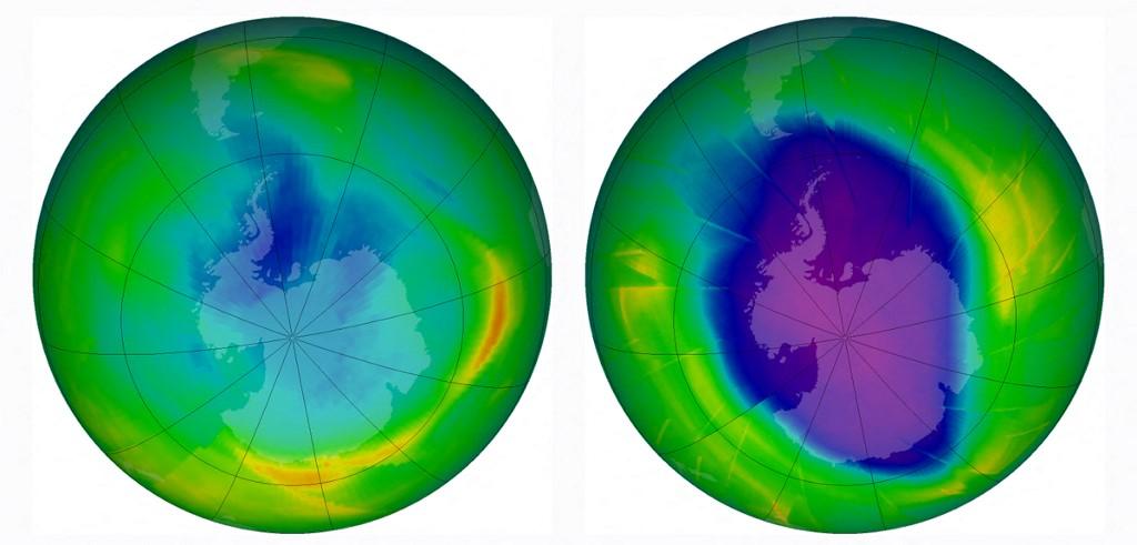 La taille et la forme du trou dans la couche d'ozone en 1979 (à gauche) et en 2009 (à droite). [AFP - NASA Earth Observatory]