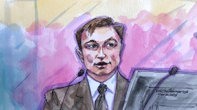 Dessin d'Elon Musk à la barre pour se défendre d'accusations de fraude, le 20 janvier 2023. [Vicki Behringer - REUTERS]