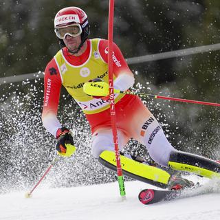 Ramon Zenhäusern remporte l'ultime slalom de la saison et signe sa 2e victoire de la saison. [KEYSTONE - Giovanni Zenoni]