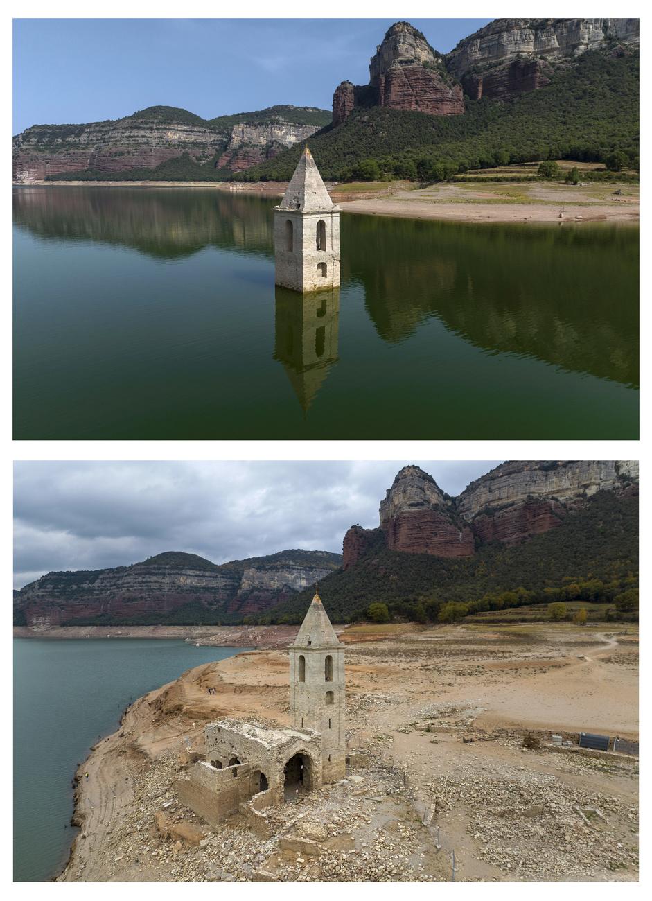 Cette combinaison d'images montre, en partant du haut, une église romane du XIe siècle partiellement exposée dans un réservoir à Vilanova de Sau, en Catalogne, en Espagne, le lundi 20 juin 2022, et le même endroit le vendredi 18 novembre 2022. [AP Photo - Emilio Morenatti]