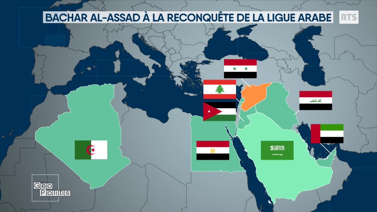 Pays membres de la Ligue arabe qui ont maintenu ou qui relancent leurs relations avec Bachar al-Assad. [RTS - Géopolitis]