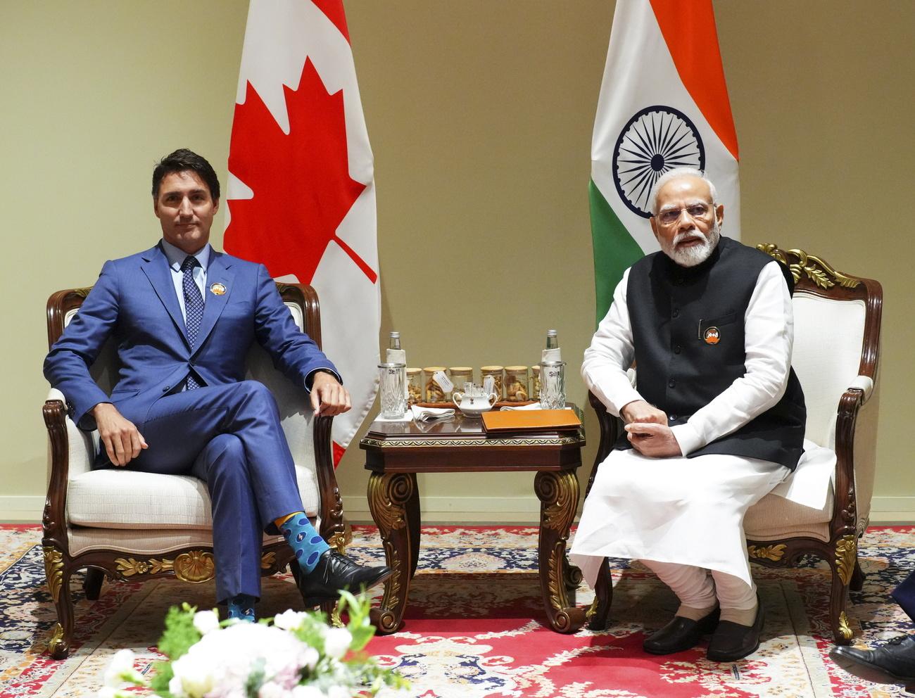 Le Premier ministre Justin Trudeau participe à une réunion bilatérale avec le Premier ministre indien Narendra Modi lors du sommet du G20 à New Delhi, en Inde, le 10 septembre 2023. [KEYSTONE - SEAN KILPATRICK]