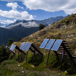 Une vue sur les panneaux solaires installés sur des paravalanches dans les alpes valaisannes à Bellwald le 3 août 2022. [Keystone - Jean-Christophe Bott]