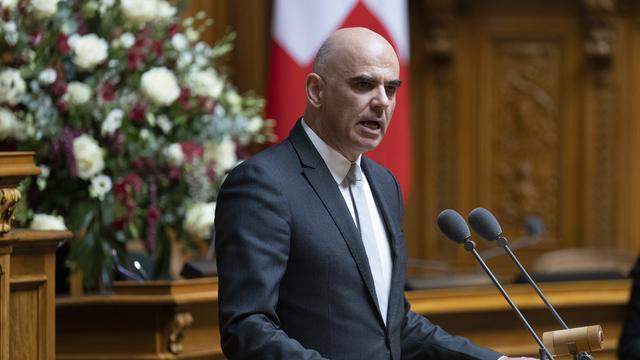 Le président de la Confédération Alain Berset s’exprime lors de la remise de la salutation du Nouvel An par le Corps diplomatique [Keystone - Peter Schneider]