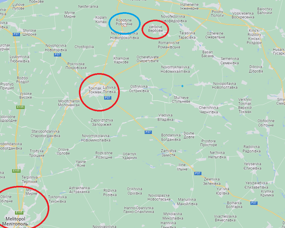 En bleu, le village de Robotyne repris par les forces Ukrainiennes. En rouge, les objectifs potentiels futurs. Le village de Verbove et plus au sud, les villes de Tokmak et Melitopol. [Google Map - RTS]