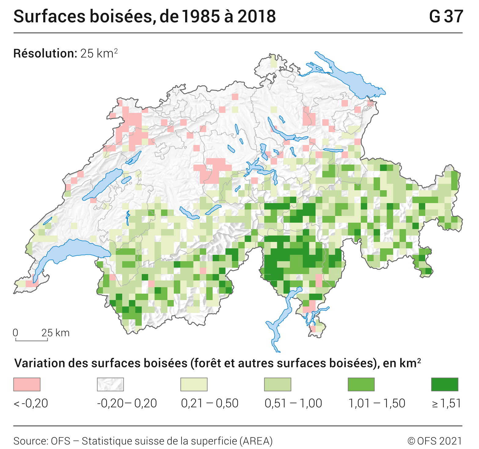 Variation des surfaces boisées en Suisse de 1985 à 2018. [Office fédéral de la statistique]