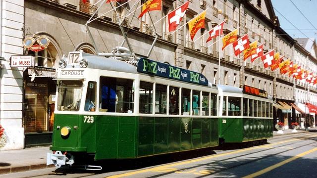 Un vieux trams qui circulait au début du XXe siècle sur le réseaux Genevois considéré a l'époque comme l'un des plus modernes du monde, photographié le 8 septembre 1991. [Keystone - Eric Rahm]