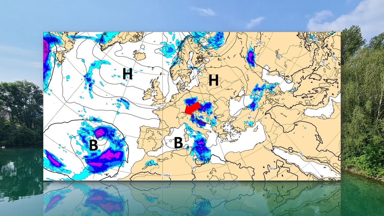 Repartition des pressions au sol et précipitations, prévus par le modèle européen (ECMWF) pour le 6 juin 2023. [ECMWF - Julien Casati]