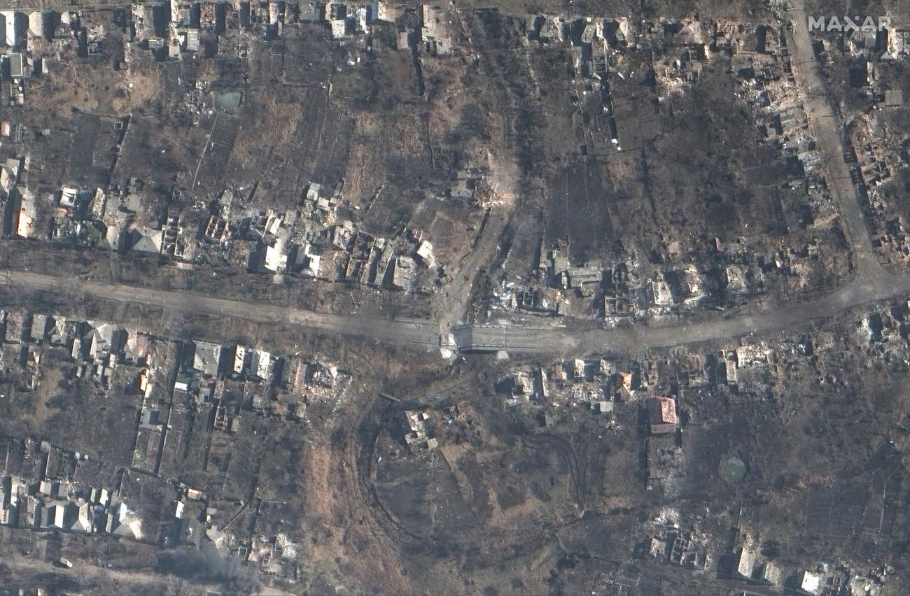 Une image satellite de la ville détruite de Bakhmout, en Ukraine. [Keystone - ©2023 Maxar Technologies via AP]