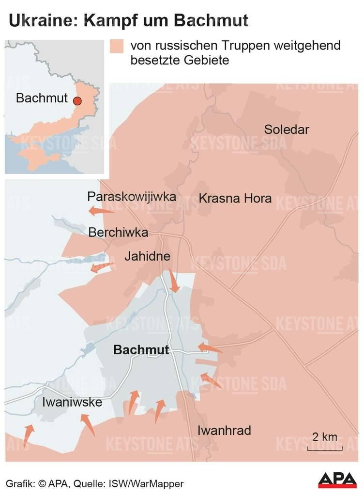 Bakhmout, Ukraine est "encerclée" a annoncé Wagner le 3 mars 2023. [Keystone - Grafikdienst]