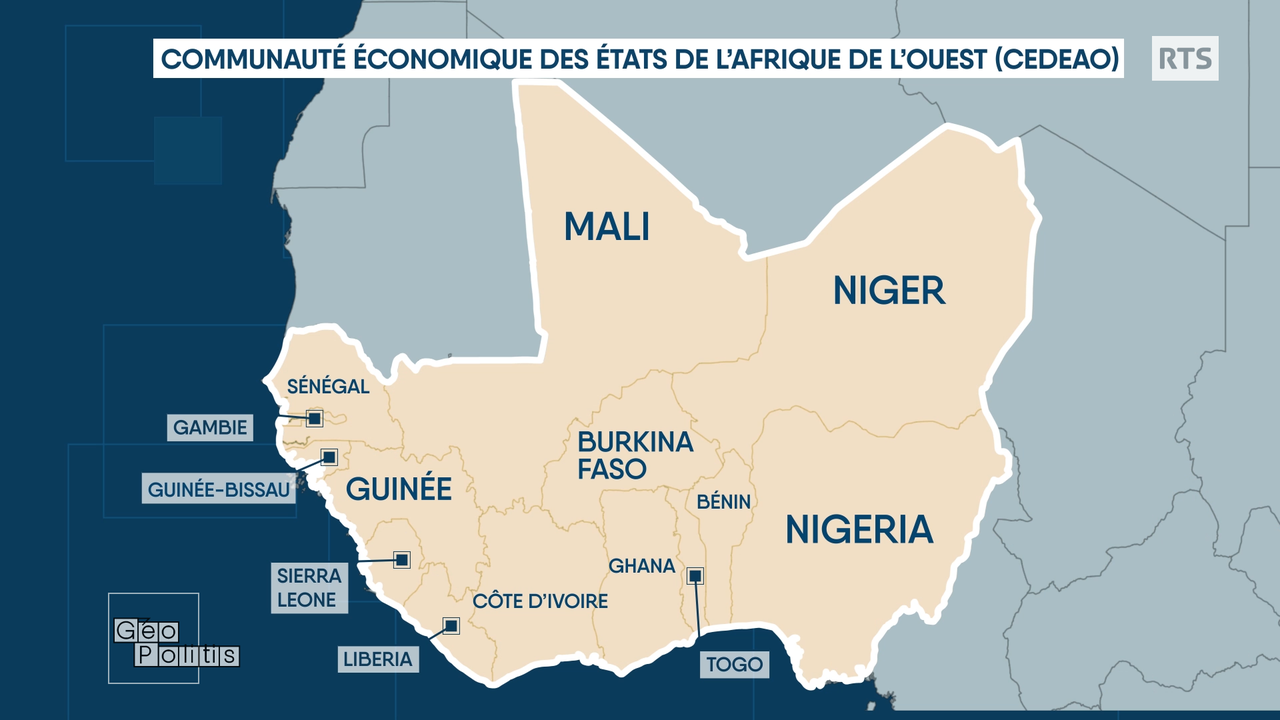 Les Etats membres de la Cedeao, la Communauté économique des Etats de l'Afrique de l'Ouest. [RTS - Géopolitis]