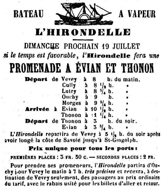 Publicité faisant la promotion du bateau à vapeur L'Hirondelle. [DR]