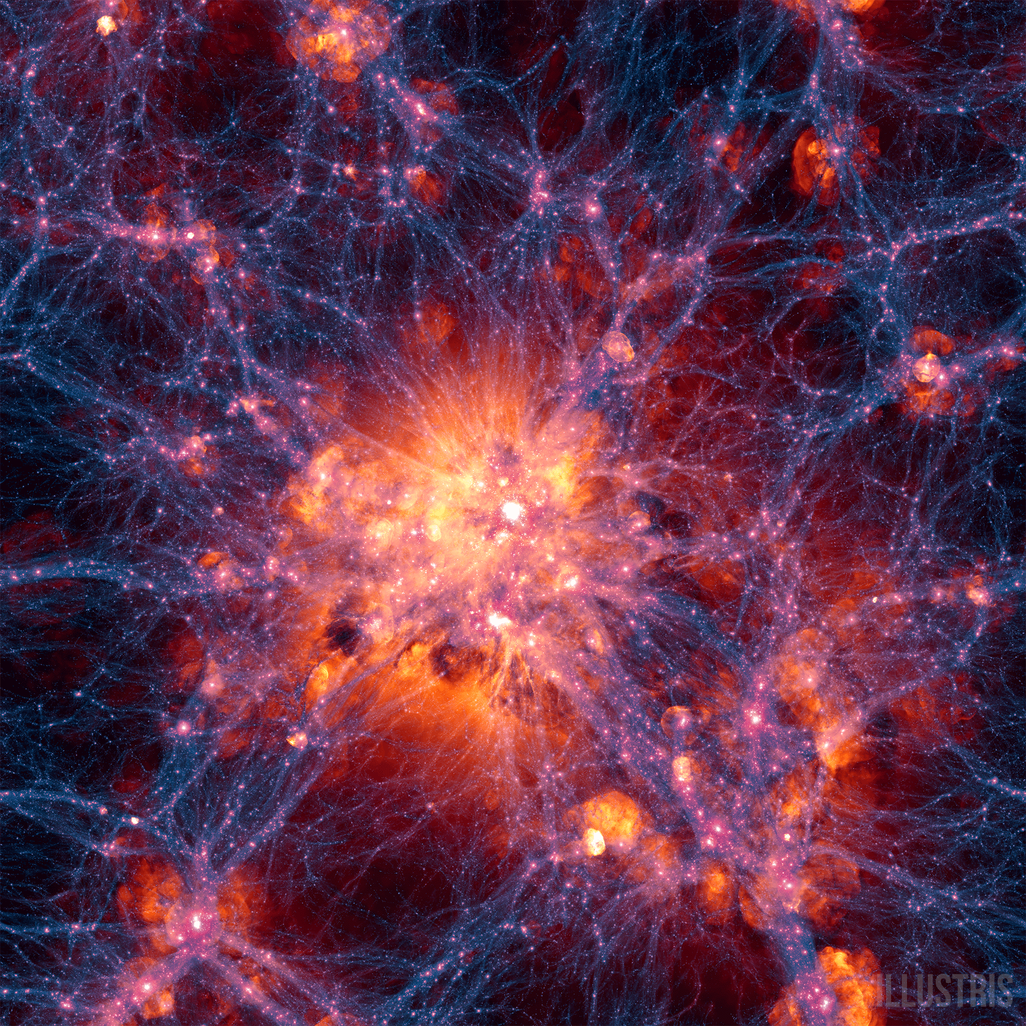 Visualisation des filaments cosmiques grâce au programme de simulation Illustris. Ici, la matière noire (en bleu) et le gaz (en orange) sont distribués dans un amas galactique géant qui s'étend sur environ 300 millions d'années-lumière. [www.illustris-project.org - ESO]