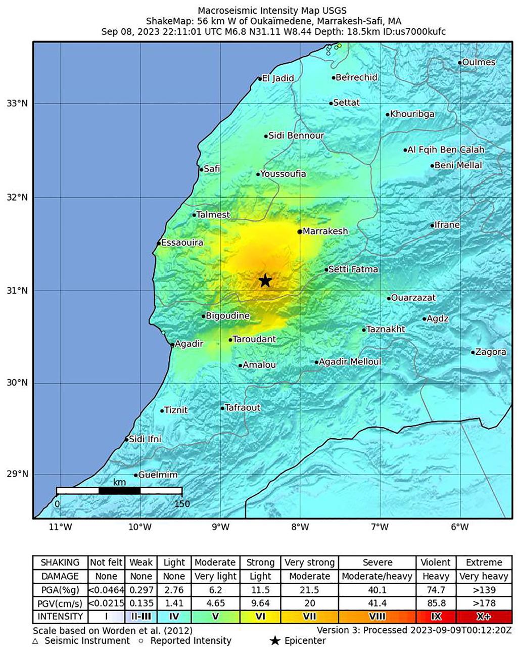 Une carte de l'institut de géophysique américain (USGS) montrant l'emplacement du séisme de magnitude 6,8 qui a frappé le centre du Maroc. [Keystone - EPA / USGS]