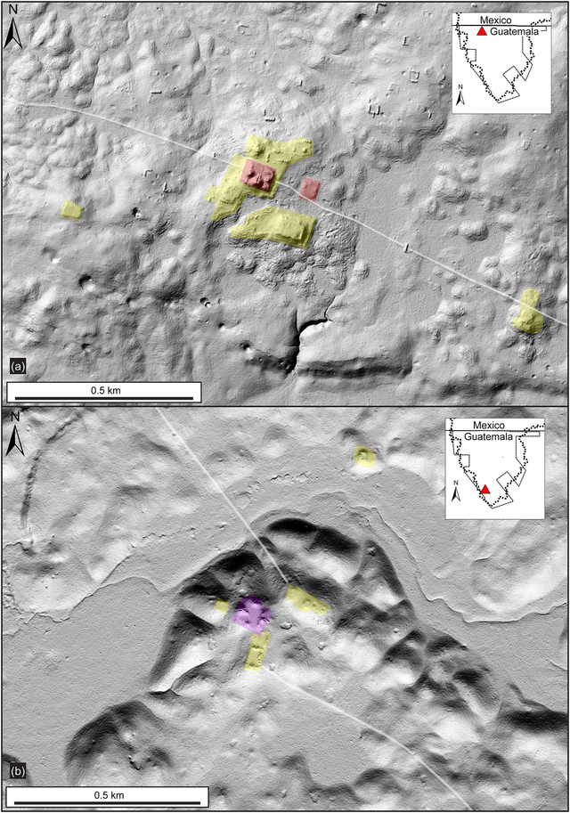 Deux exemples d'images prises avec la technologie LiDAR. (a) El Limon couvre une surface de 2,5 km2; (b) Le site de Cantetul couvre 1,3 km2. [Ancient Mesoamerica - Richard D. Hansen & al.]