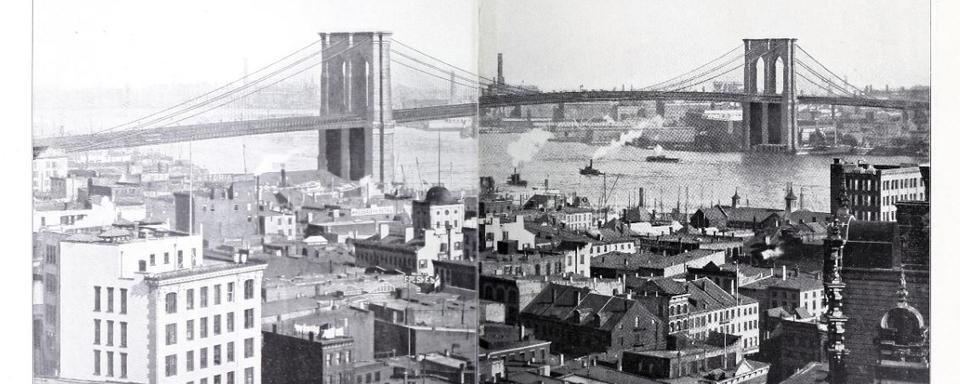 Le pont de Brooklyn à New York, photo tirée du livre de Cäcilie von Rodt, "Le voyage d'une Suissesse autour du monde", Verlag von F. Zahn, Neuchâtel (1903 ou 1904). [Verlag von F. Zahn]