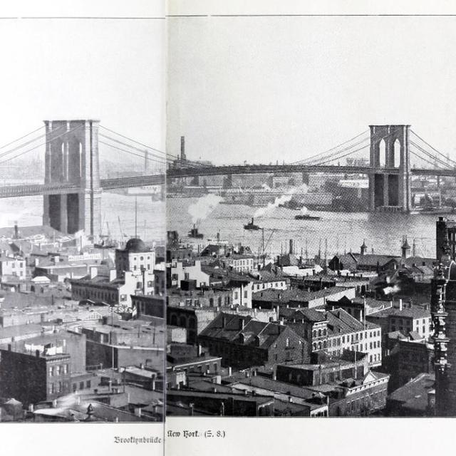Le pont de Brooklyn à New York, photo tirée du livre de Cäcilie von Rodt, "Le voyage d'une Suissesse autour du monde", Verlag von F. Zahn, Neuchâtel (1903 ou 1904). [Verlag von F. Zahn]