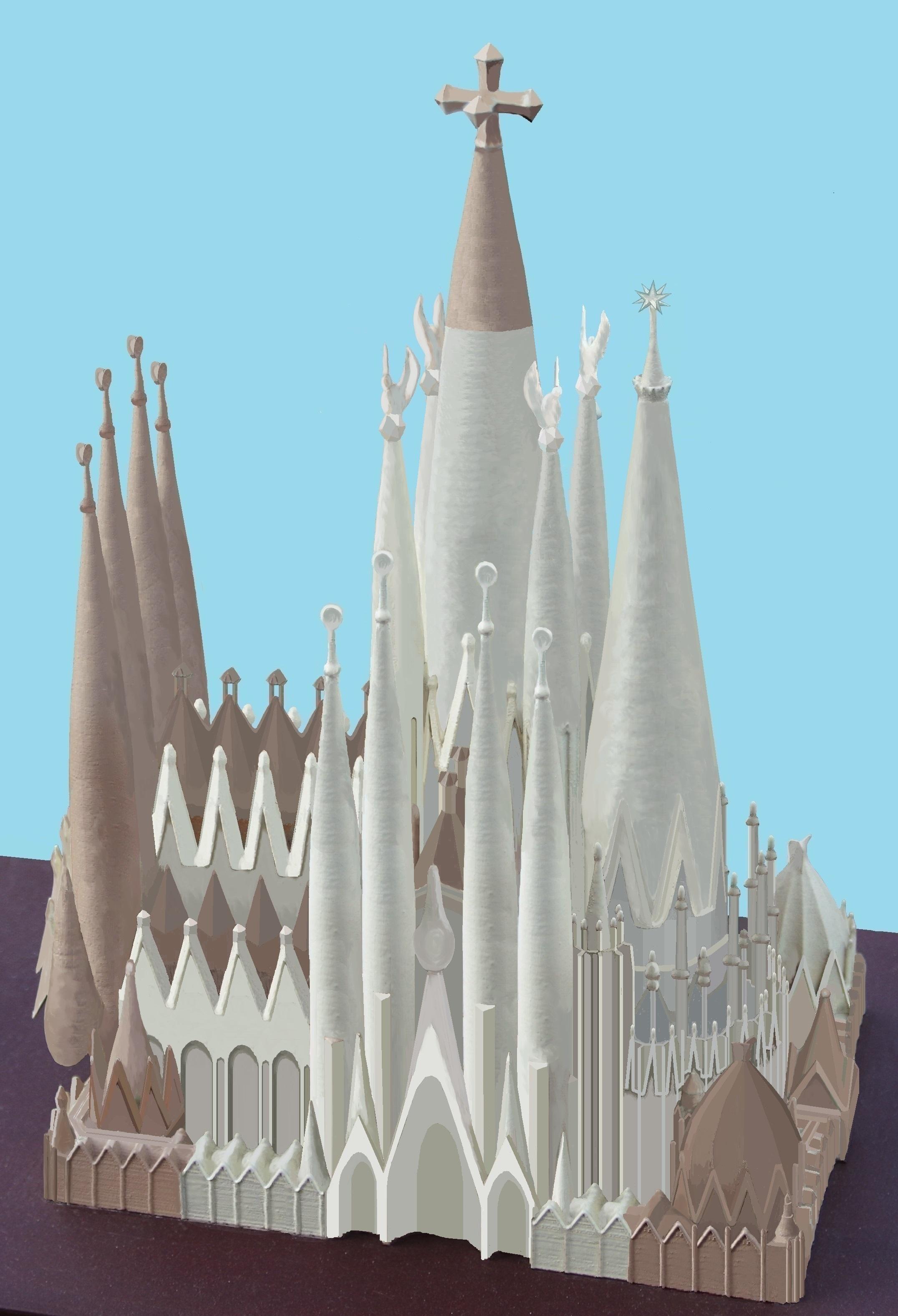 La Sagrada Familia fin 2023. En brun, les parties restant à construire. En blanc, les parties achevées. [CC BY-SA 3.0 - Balou46, Io Herodotus]