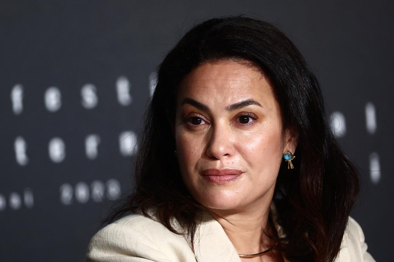 Hend Sabri lors de la conférence de presse pour le film "Les filles d'Olfa" de Kaouther Ben Hania, au Festival de Cannes, le 20 mai 2023. [Reuters - Yara Nardi]