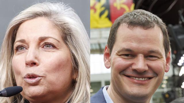La PLR Nathalie Fontanet et Pierre Maudet ont le sourire après le premier tour des élections genevoises, le 2 avril 2023. [Keysone (montage)]