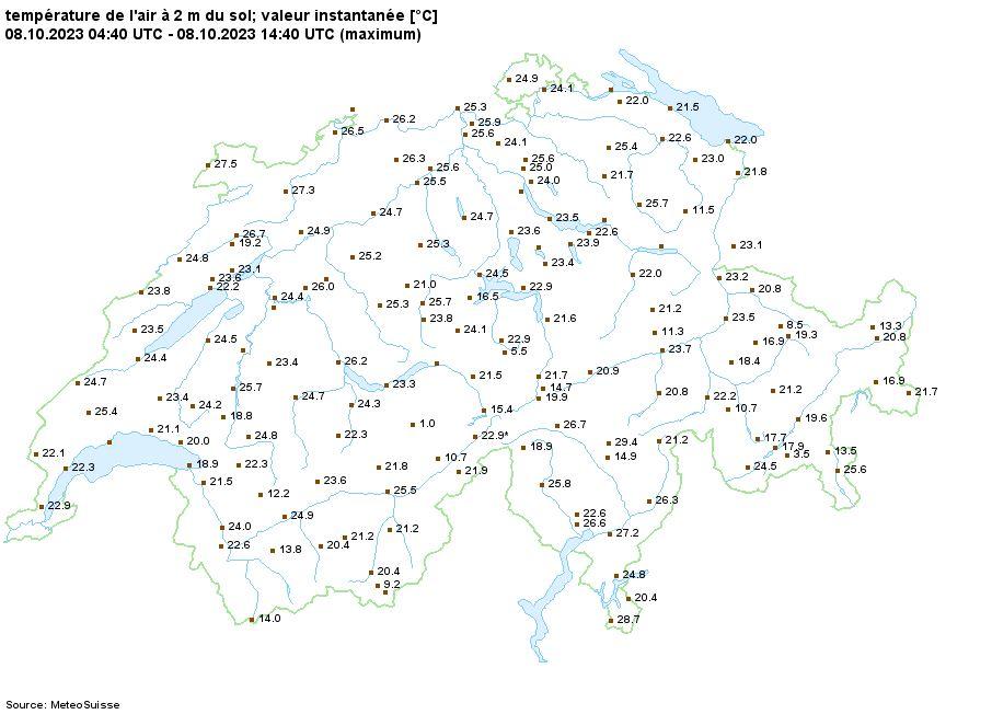 Les températures maximales dimanche en Suisse. [MétéoSuisse]