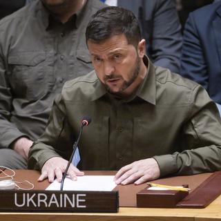 Zelensky a prononcé un discours devant le Conseil de sécurité de l'ONU. [EPA/Keystone - JUSTIN LANE]