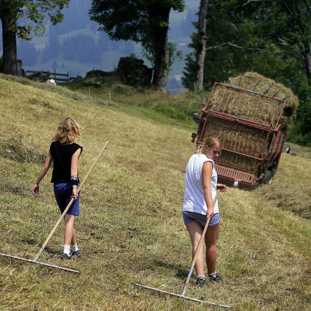 Un paysan et ses filles à Wildhaus, en juillet 2007. [Keystone - Eddy Risch]