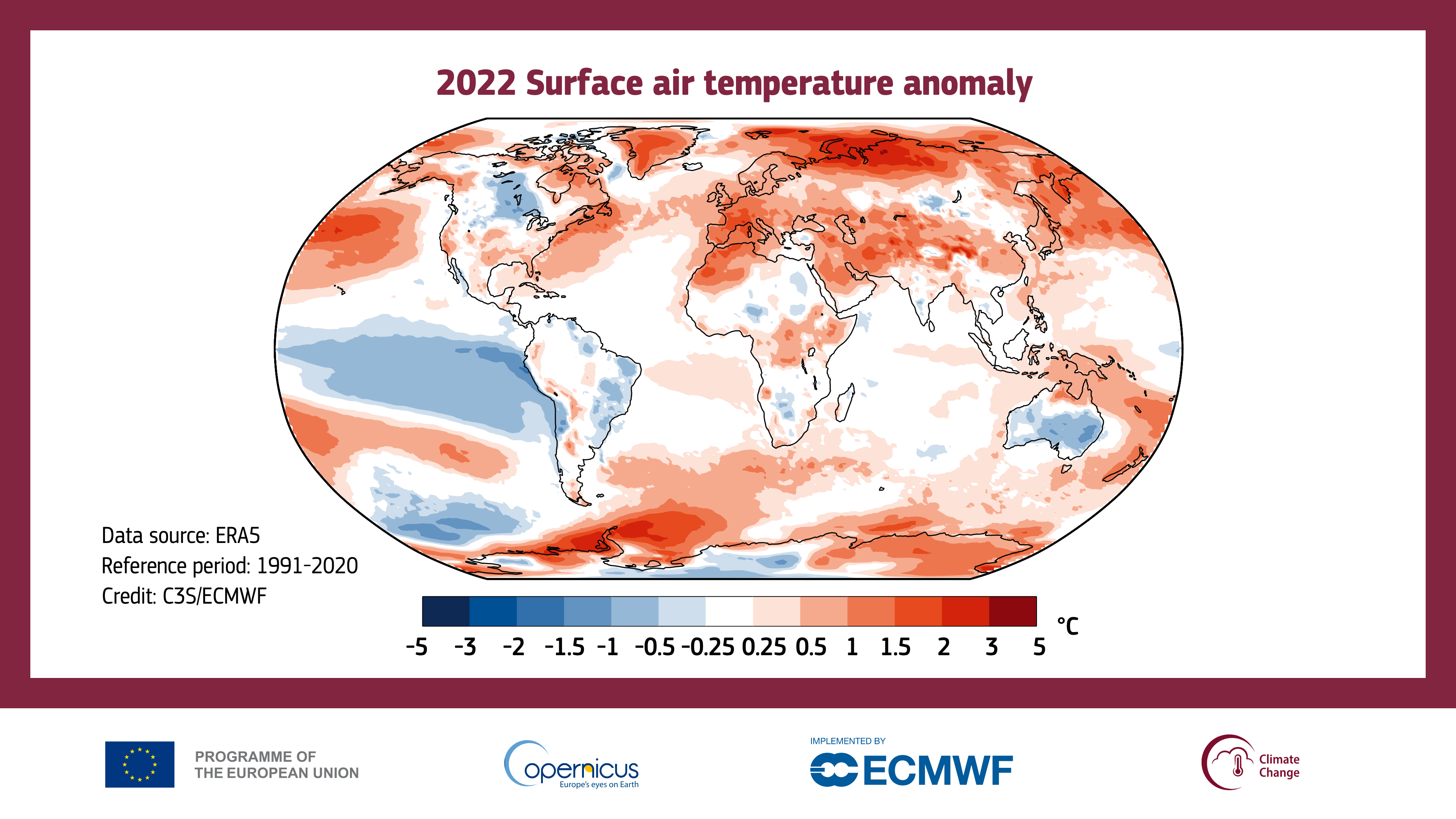 La température de l'air à une hauteur de deux mètres pour l'année 2022, montrée en relation avec la moyenne de la période 1991-2020. [ECMWF - ERA5/Copernicus Climate Change Service]