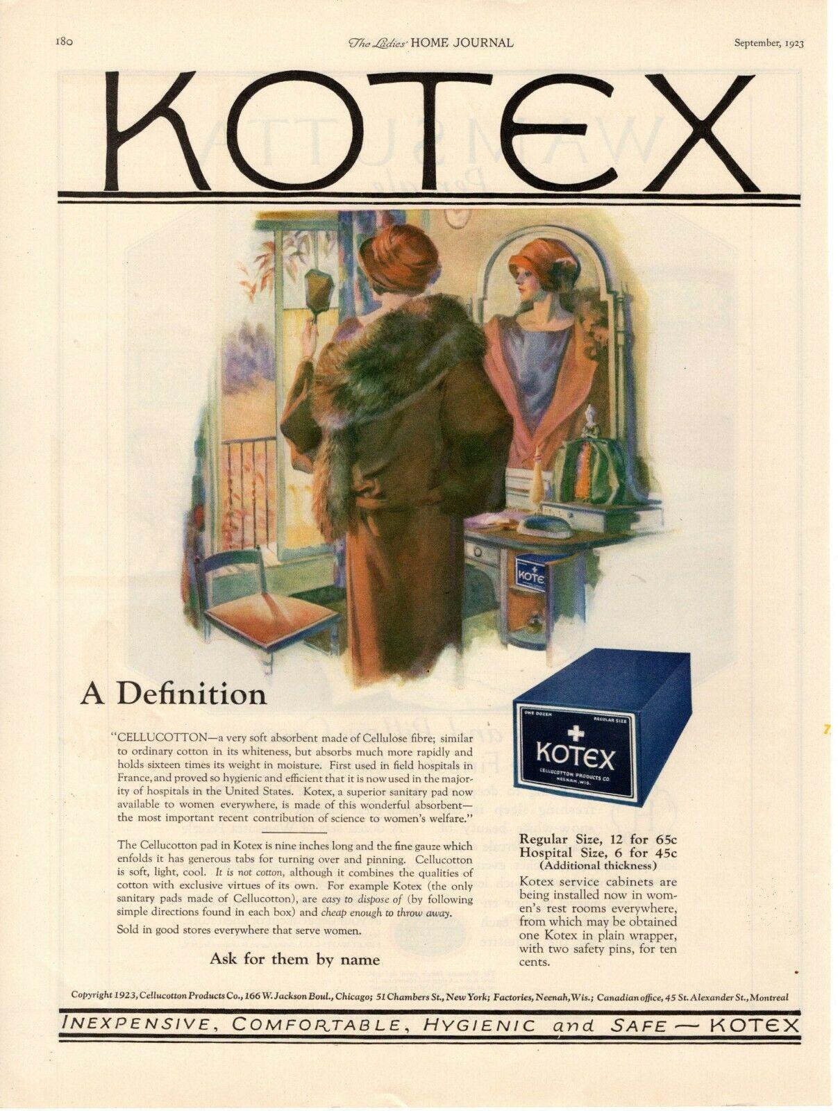 Une publicité pour la marque de serviettes hygiéniques Kotex dans le magazine américain "The Ladies' Home Journal" en septembre 1923. [Vintagepromotions.tumblr.com]