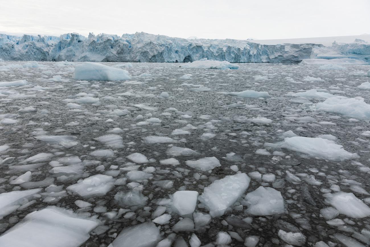De la glace flottante et un iceberg de l'île Stonington, en Antarctique, le 8 mars 2019. Dans cette mer, la glace a atteint son niveau le plus bas jamais enregistré. [Keystone - Ric Tapia/AP]