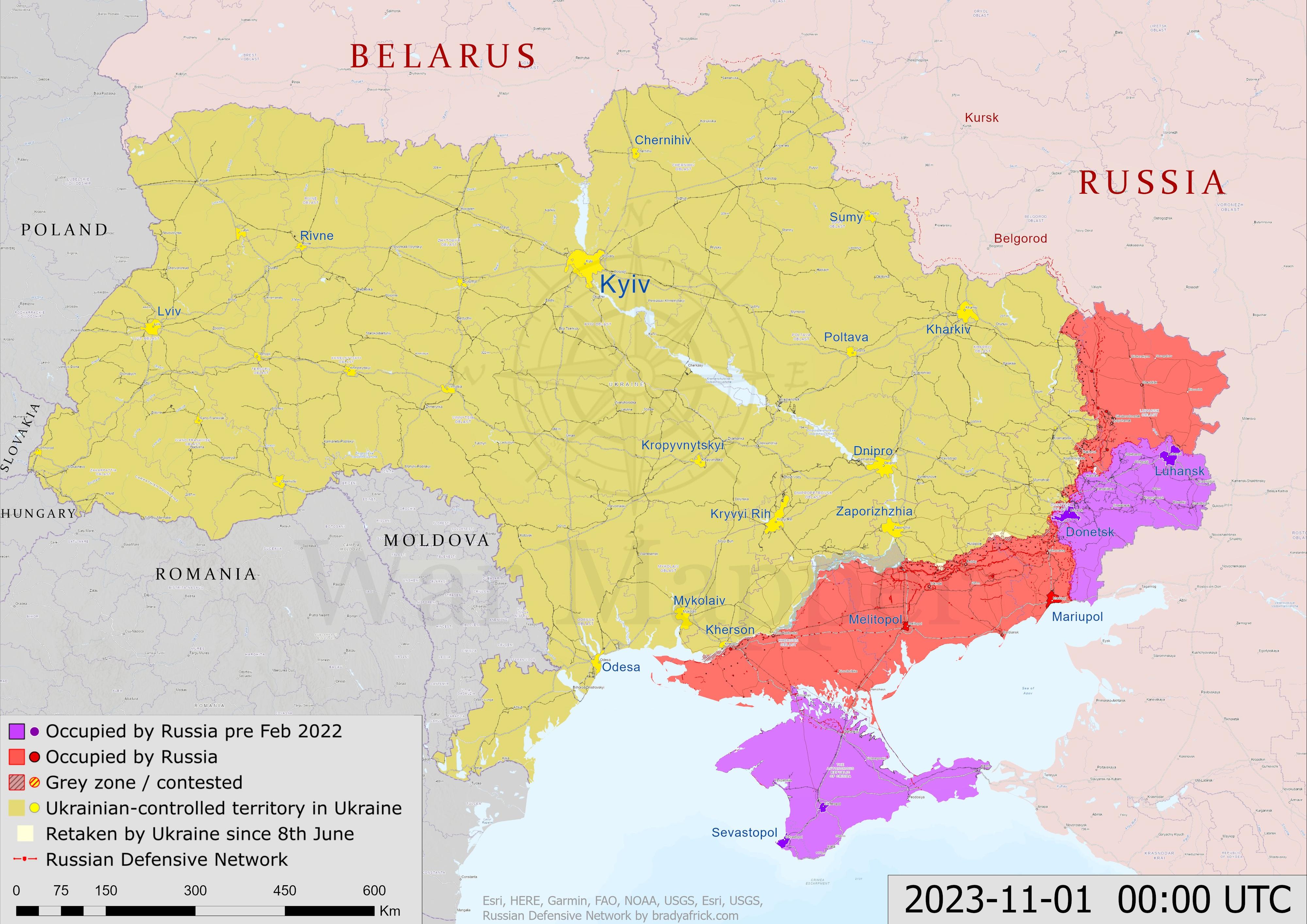 Données du mois de novembre 2023 (depuis, seuls quelques km2 de territoires ont été gagné par la Russie: en jaune, l'Ukraine contrôlée par les autorités de Kiev, en violet, les territoires pris par la Russie avant l'attaque de février 2022, en rouge, les territoires ukrainien sous contrôle russe depuis le début de la guerre. [X - War Mapper]
