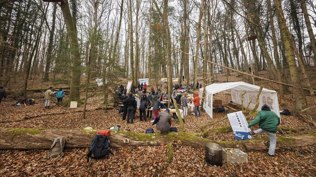 Des militants écologistes occupent une forêt à Vufflens-la-Ville. [Keystone - Valentin Flauraud]