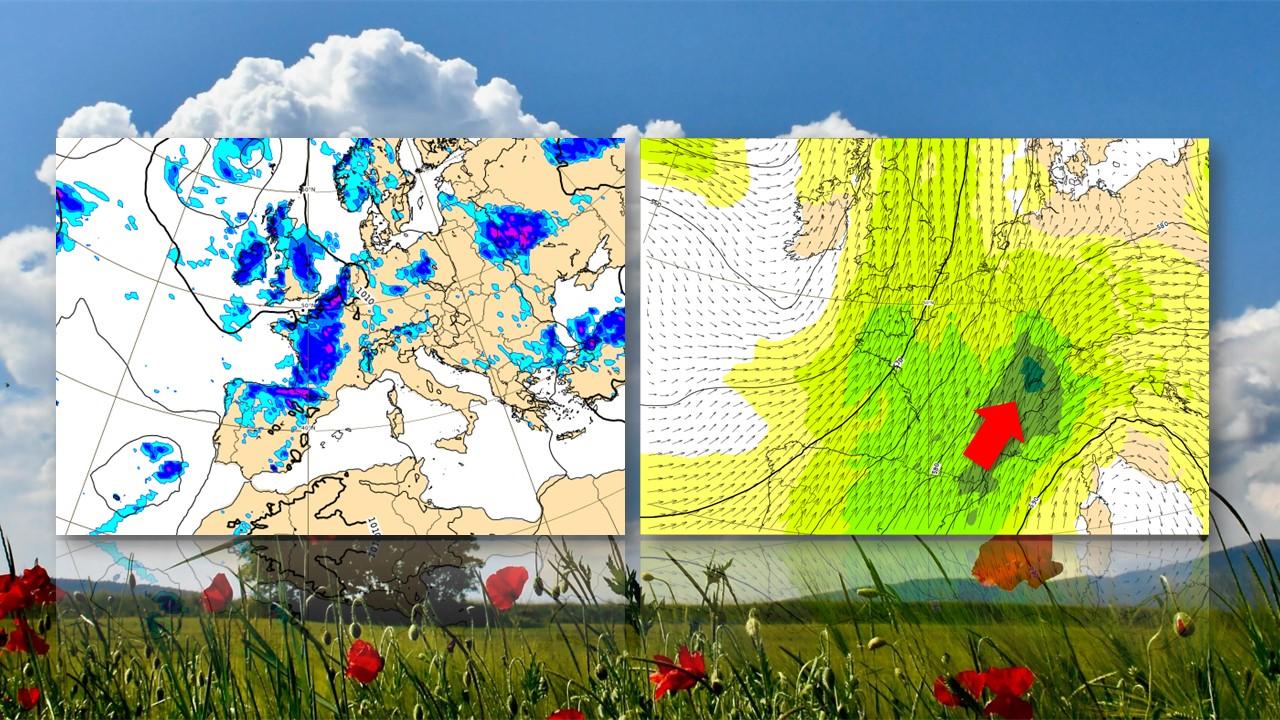 Précipitations et pressions au sol (à gauche), vents à 5800m (à droite) prévus par le modèle européen (ECMWF) le mardu 20 juin à 15h UTC [ECMWF/RTS - Olivier Roux]