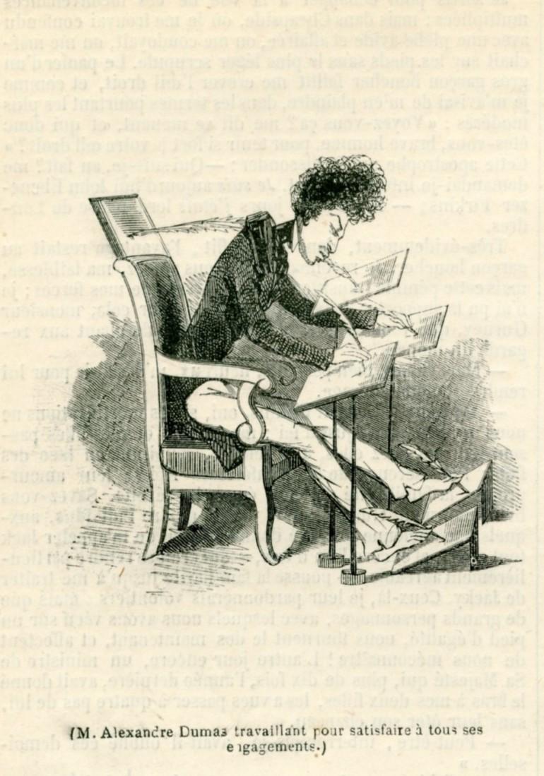 Alexandre Dumas travaillant pour satisfaire à tous ses engagements. Caricature de Cham, en 1846, illustrant Dumas, qui mobilise nombre de prête-plumes. [DP]