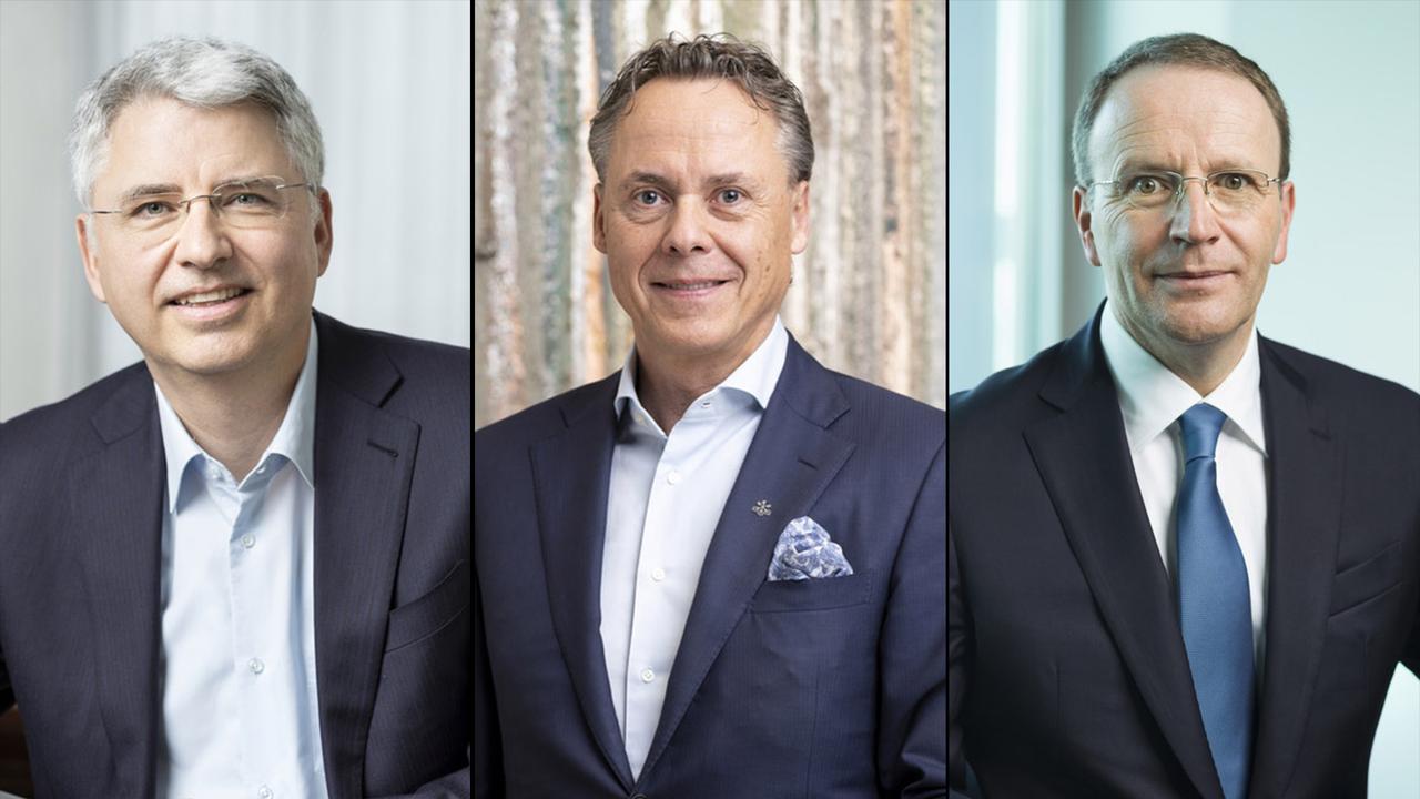 Severin Schwan, Ralph Hamers et Mark Schneider sont les trois patrons les mieux payés de 2022. [Keystone - Gaetan Bally]