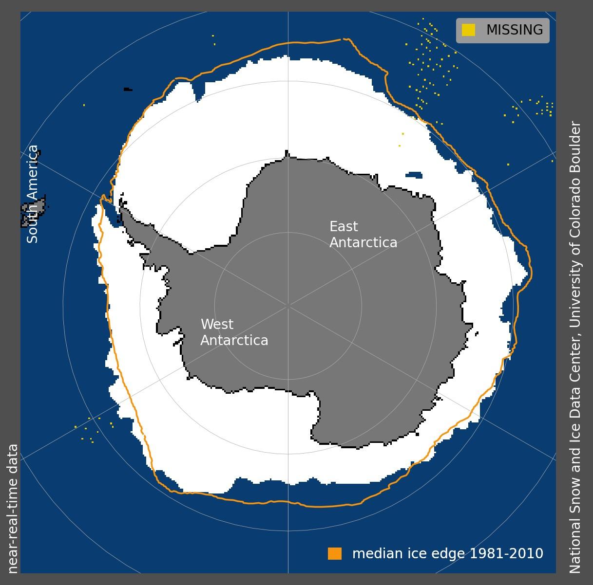 L'étendue de la glace de mer en Antarctique pour le 10 septembre 2023 était de 16,96 millions de kilomètres carrés. La ligne orange indique l'étendue moyenne de 1981 à 2010 pour ce jour-là. [nsidc.org]