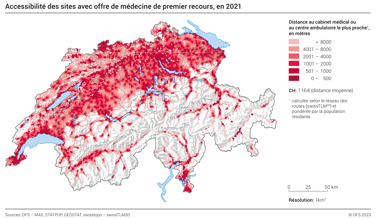 Accessibilité des sites avec offre de médecine de premier recours, en 2021. [OFS]