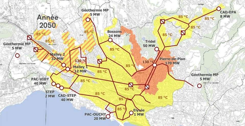 Le réseau de chauffage à distance de la Ville de Lausanne d'ici 2050. [VILLE DE LAUSANNE - SIL]