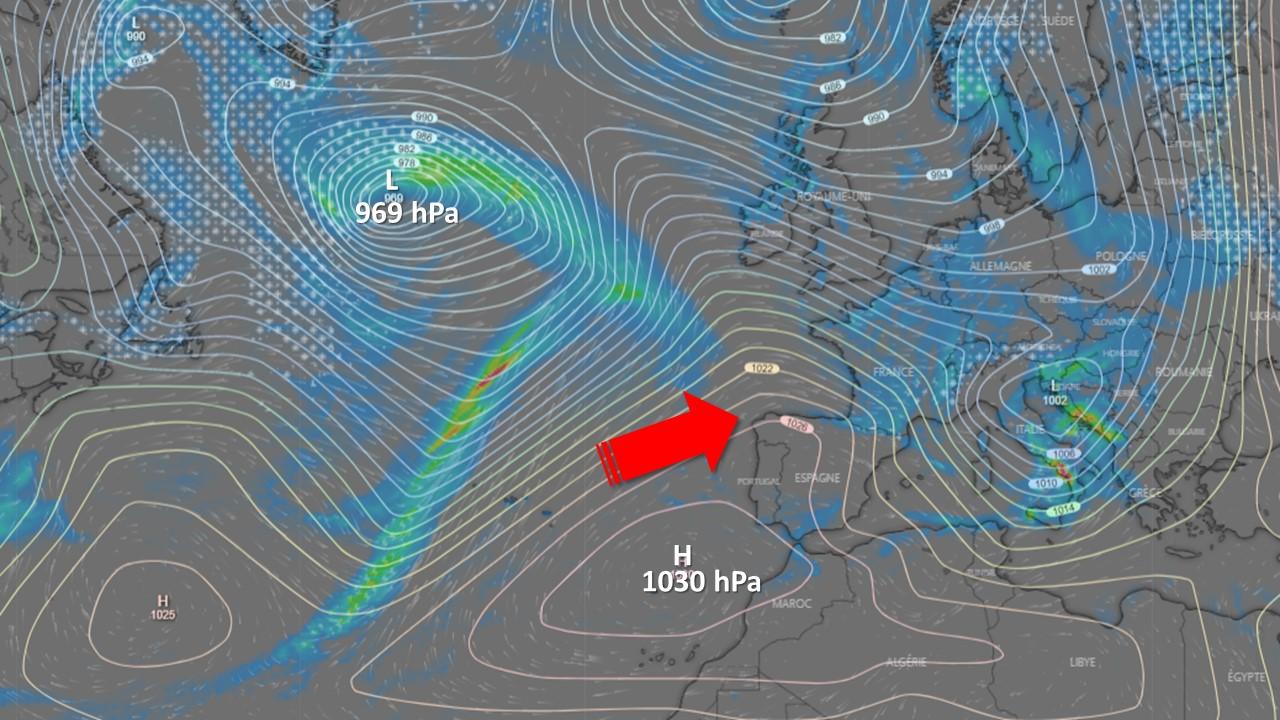 Répartition des pressions au sol prévue par le modèle ECMWF, le 9 janvier 2023 à 15h locales. [ECMWF/windy.com]