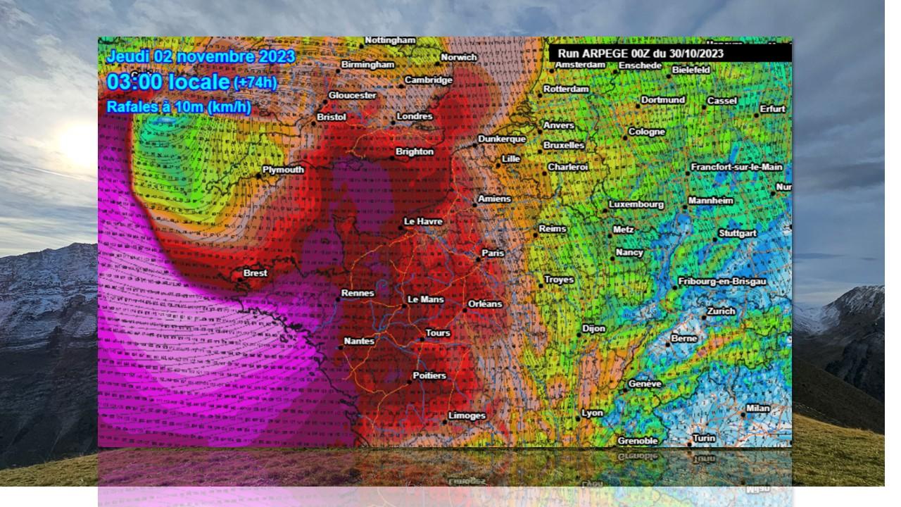 Rafales prévues par le modèle ARPEGE sur la Bretagne dans la nuit du 1er au 2 novembre 2023. [Météofrance/Meteociel.fr - Alexandre Galley]